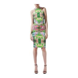 Zara Multicolor Floral Halter Sheath Dress (Green, Pink)